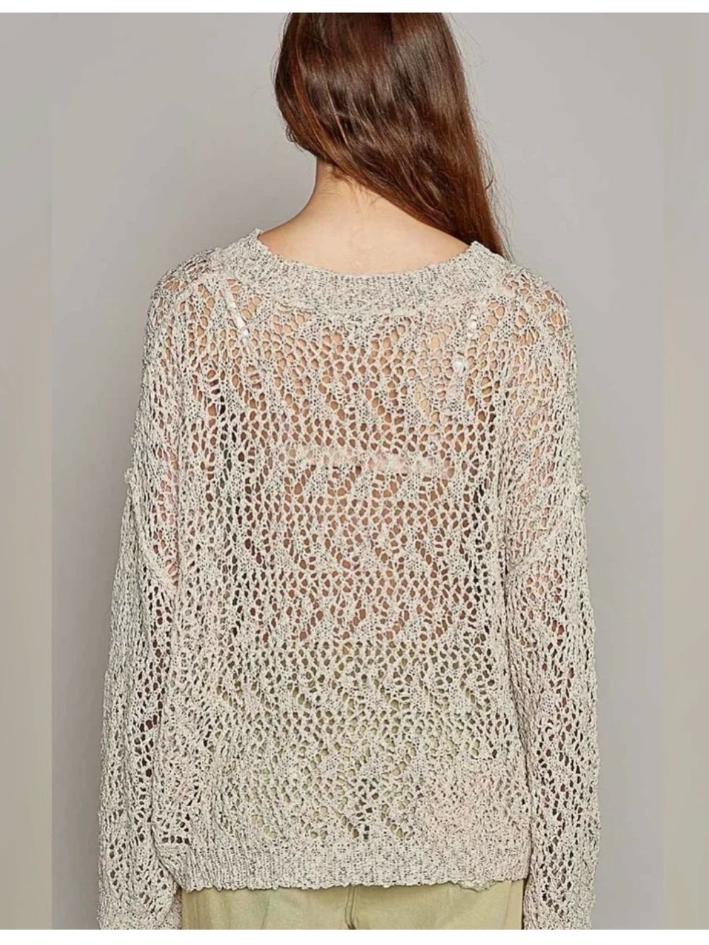 POL Oatmeal Crochet Open Knit Oversized V Neck Sweater M - Picture 2 of 5